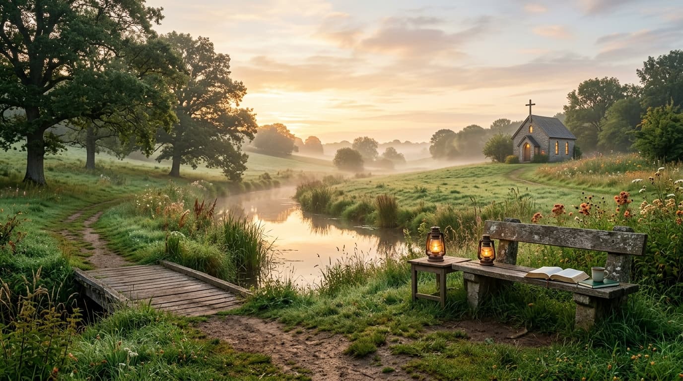 A quiet green pasture with a still stream at sunrise, mist lifting over the grass.