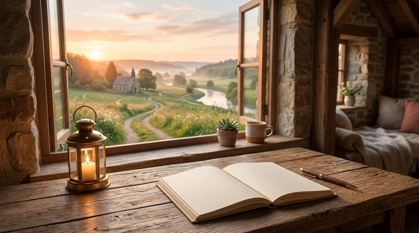 A handwritten notebook and a pen resting on a wooden desk beside a small lamp.