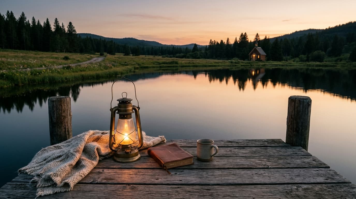 A lantern glowing on a weathered wooden dock at dusk beside calm water.