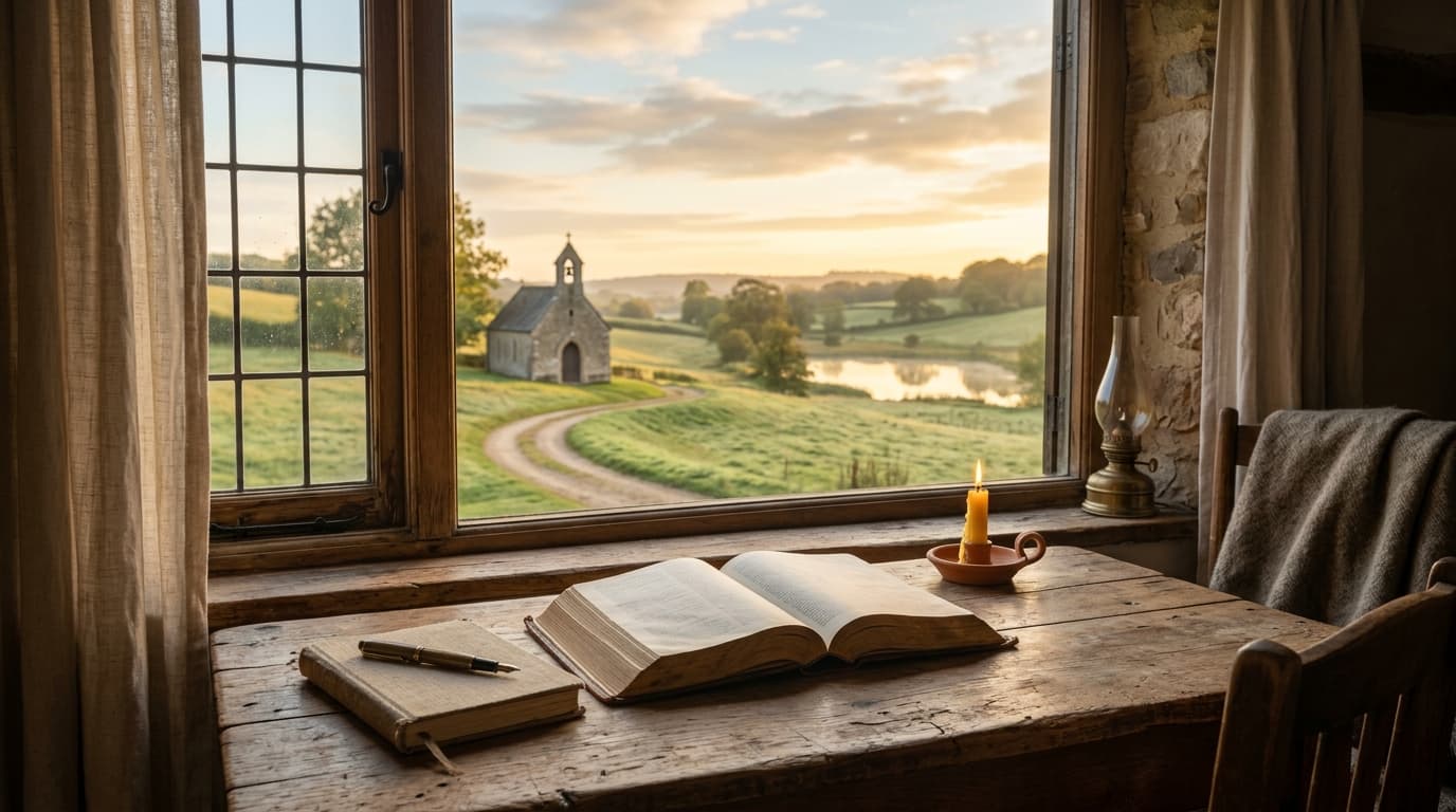 An open Bible resting on a worn wooden table beside a window in soft morning light.