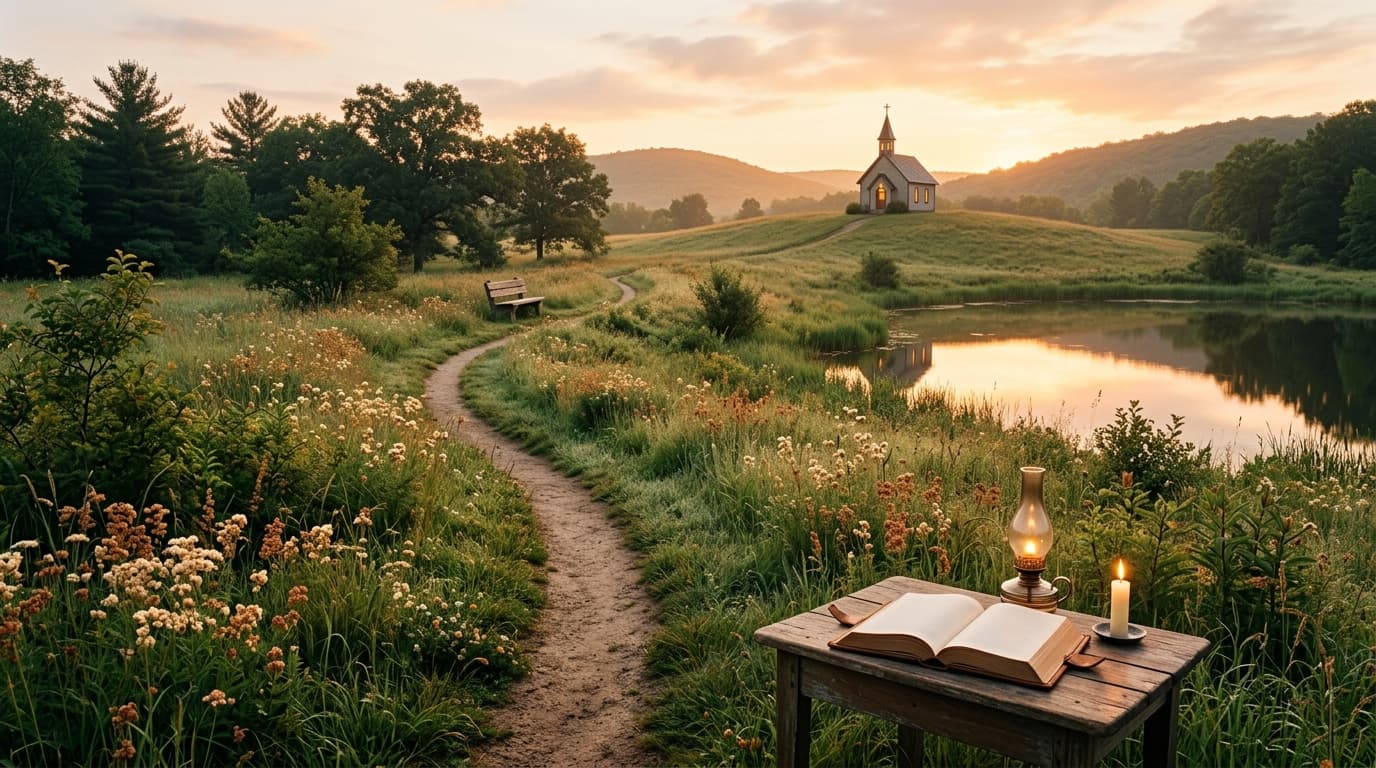 A narrow dirt path winding through a quiet meadow toward a distant hill at dawn.