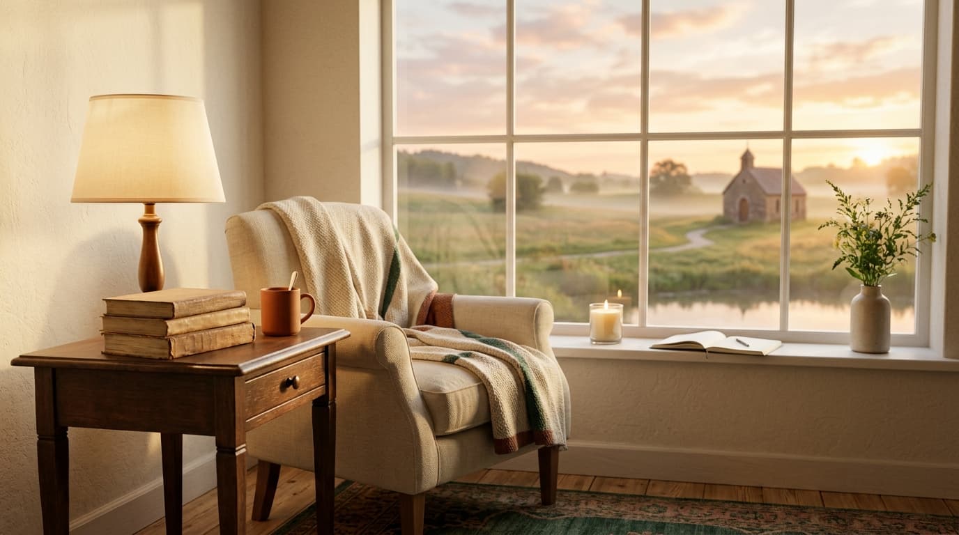 A warm lamp and a small stack of books on a wooden side table beside an empty armchair.